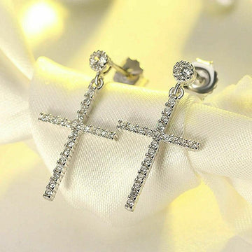 BEST GIFTS - Luxury Inlay AAA+ Cubic Zirconia Diamonds Delicate Silver Color Cross Earrings - The Jewellery Supermarket